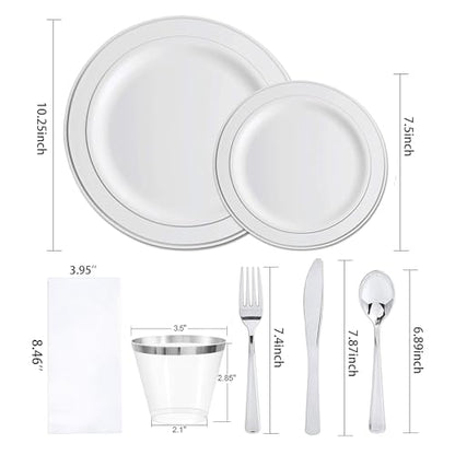 Elama 350 Piece Disposable Plastic Dinnerware Party Set for 50 Guests in White with Silver Trim