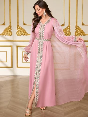 Elegant Muslim Dress with Embroidered Traditional Islamic Attire Maxi Robe Eid Prayer Gown - color: Pink, size: XX-Large