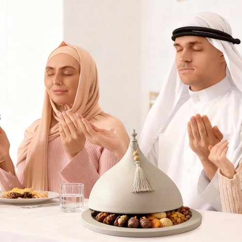 Qinyoung Decorative Ramadan Dates Cover, 12 Inch Taupe Metal Serving Dome Cloche Cover with Silver Tassel for Dates, Eid Serving Platter, Elegant Iftar and Suhoor Table Centerpiece - size: 12 Inch, style: Classic