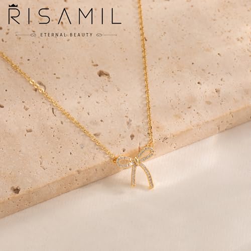 Risamil 여성용 골드 목걸이 - 리본 목걸이 14K 앙증맞은 골드 목걸이 귀엽고 작은 나비 펜던트 초커 체인 목걸이 트렌디 목걸이 여성용 골드 주얼리 선물 - color: 리본 목걸이-9