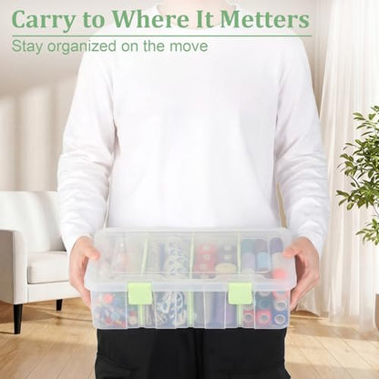 BTSKY Clear Plastic Dividing Storage Box with 4 Compartments Sewing Box | 13.3x8.1x3.4 Inches Adjustable Storage Bin with Lid Plastic Craft Storage Container Multipurpose Art Supply Organizer Green - size: 13.3x8.1x3.4 Inches-Green