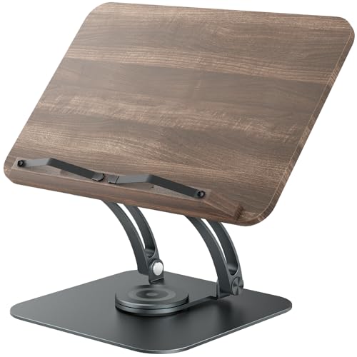 Tounee Book Stand for Reading, Adjustable Book Holder with 360° Swivel Base, Foldable Cookbook Stand Recipe Book Holder with Elastic Page Clips for Music Scores, Recipe, Tablet, Laptop-Gray - color: Gray