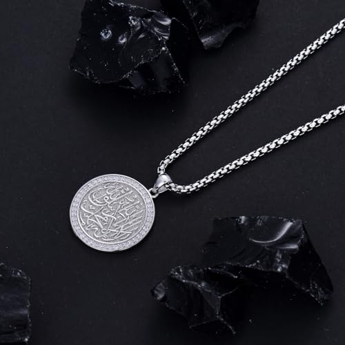 Islamic Pendant Necklace for Men Women Sterling Silver Allah Necklace Muslim Islam Pendant Jewelry Gift for Father Men Women - 22+2 In Stainless Steel Chain