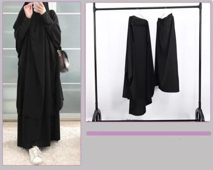Womens Muslim Abaya Solid Prayer Dress Islamic Maxi Kaftan with Hijab Dubai Full Length 2 Piece Dress - color: 1black