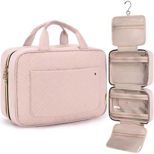 BAGSMART Toiletry Bag Travel Bag with Hanging Hook, Water-resistant Makeup Cosmetic Bag Travel Organizer for Accessories, Shampoo, Full-size Container, Toiletries (Light Pink, Medium) - color: Light Pink, size: Medium