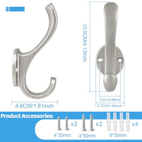 4 Pack Coat Hooks Wall Mount Heavy Duty Utility Retro Double Hooks for Hanging Coats,Hat, Towel, Key, Robe, Scarf, Bag, Cap (Silver) - color: 4 Pack-Silver