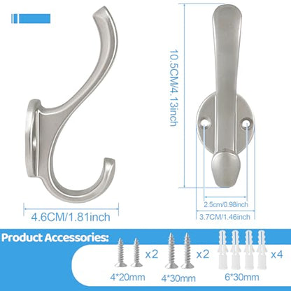 4 Pack Coat Hooks Wall Mount Heavy Duty Utility Retro Double Hooks for Hanging Coats,Hat, Towel, Key, Robe, Scarf, Bag, Cap (Silver) - color: 4 Pack-Silver