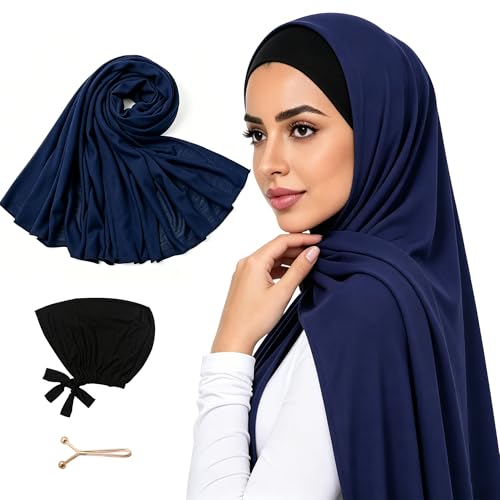 Hijab Scarf for Women, 3PCS Set with Undercap and Hijab Clip Lightweight Modal Muslim Head Wrap Scarf for Daily - color: Sy5-navy Hijab+black Undercap