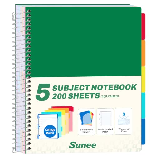 SUNEE 5 Subject Notebook College Ruled - 400 Pages, 9"x11", 5 Pocket Colored Dividers, 3-Hole Punched Paper, Dark Green - color: Dark Green, style: College Ruled