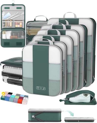 OlarHike 10 Set Compression Packing Cubes for Travel Essentials,Compressible Expandable Space Saver Bags for Organizing Clothes,Luggage Suitcase Garment Bags with Over 1000 pcs Mesh Holes(Dark Green) - color: Dark Green