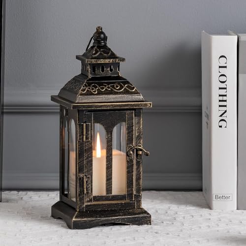 Candle Lantern Decorative Indoor & Outdoor, Christmas Vintage Metal Hanging Lanterns Decor for Front Porch Home Patio Wedding Party, Halloween Decorations (Black with Copper Brush) - color: Black |||