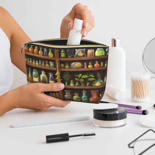 Leather Makeup Bag for Purse, Waterproof Small Toiletry Bag with Zipper, Cute Cosmetic Bags for Women, Potions Herb Shelves Travel Pouch - color: Potions Herb Shelves