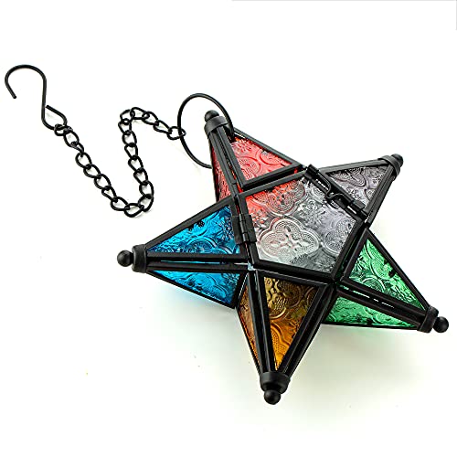Star Ornaments Wall Hanging Decoration for Party - Colorful Glass Candle Holders for Tea Light with Chain Loop Morrocan Decor - color: Colorful