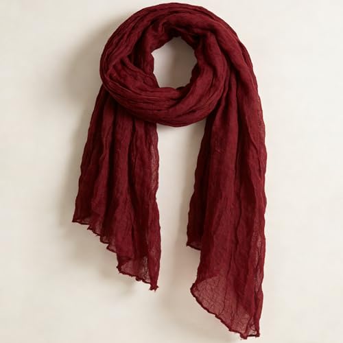Women Crinkle Spring Scarf Shawls Summer Long Scarves Lightweight Hijab Wraps Soft Linen Cotton for Beach Travel - color: Wine Red