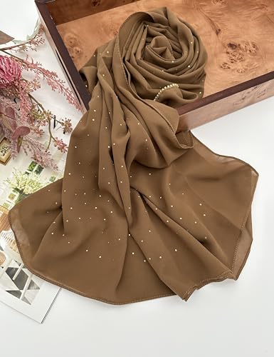 Hijab for Women Premium Chiffon Hijab Rhinestone Hijab Scraf for Women Muslim - color: Camel