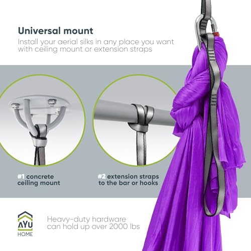 AyuHome Aerial Silks Kit for Home - Premium Yoga Swing for Adults with 660 lbs Capacity - Versatile Aerial Yoga Hammock for Gymnastics Training - color: Aerial silk - Purple New