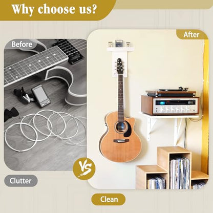 Keebofly Guitar Wall Mount Hangers with Rustic Wood Shelf - 2 Pack, Wall Stand Holder Hook Rack for Acoustic or Electric Guitar,Ukulele,Bass,White,[Patented] - color: 2 Pack_White