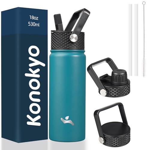Konokyo 18 oz Insulated Water Bottle Stainless Steel Sport Bottles with 3 Lids,Light Blue - color: Light Blue, size: 18 Ounces