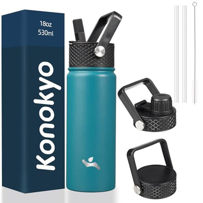 Konokyo 18 oz Insulated Water Bottle Stainless Steel Sport Bottles with 3 Lids,Light Blue - color: Light Blue, size: 18 Ounces