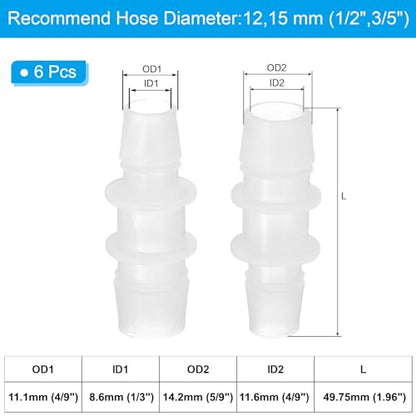 PATIKIL 1/2" to 3/5" 6 Pcs Plastic Hose Barb Fittings, Reducer Tube Fittings Pipe Adapter Union Splicer Joint Kit for Air Gas Water System Liquid Fuel Line Aquarium Tube Pump - size: 1/2"-3/5",(0.77"x1.96")
