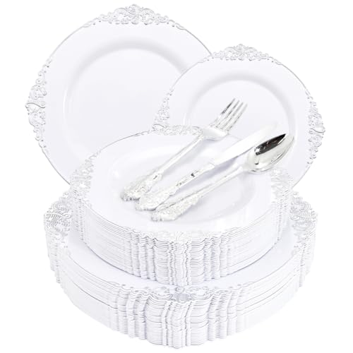 Liacere 150PCS Silver Plastic Plates with Silver Cutlery - Disposable Plastic Plates Include 30Dinner Plate, 30Dessert Plate, 30Knives, 30Spoons, 30Forks - Ideal for Wedding & Party - color: Silver, size: Round Style