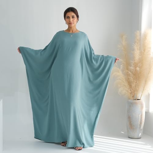 Abaya Dress for Women Soft Crepe Like Linen Khimar Butterfly Batwing Dubai Islam Muslim Kaftan Modest Prayer Dress - color: Green, size: Medium