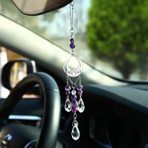 Car Rear View Mirror Accessories, Cute Lotus Hanging Ornament, Unique Amethyst Crystal Boho Rearview Decor Charm Handmade Beads Swinging Interior Decor for Women Men - color: Lotus