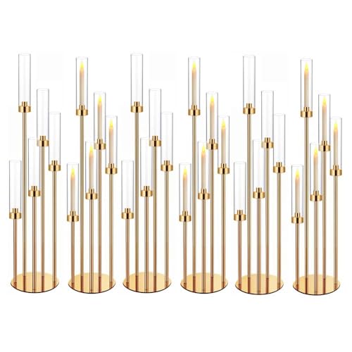 35in 6 Set Gold Candelabra Candle Centerpieces for Tables Candlesticks Holder Wedding Centerpieces Table Decorations Fit 0.9" LED Candle - color: Gold, size: 34.65 in