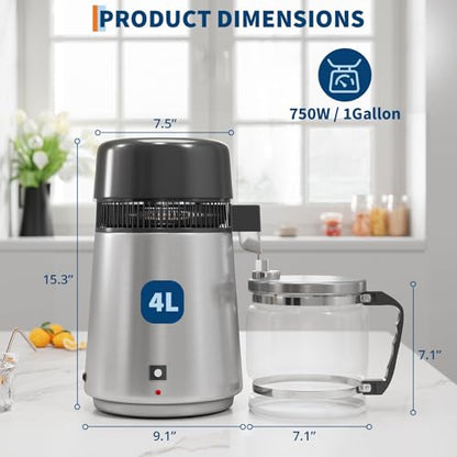 4L Countertop Stainless Steel Distilled Water Purifier, Distilled Water Making Machine with Glass Container, Ideal for Household, Workplace, Lab, and Aquarium Usage-Silver - color: Silver