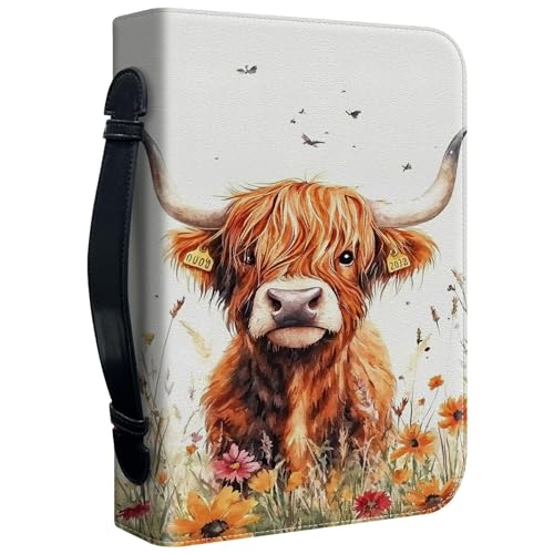 Bible Cover Case for Women, PU Leather Large Bible Cases with Zipper Fits Books Up to 12" x 9" x 2.76”, Bible Carrying Bag for Men, Floral Highland Cow - color: Floral Highland Cow