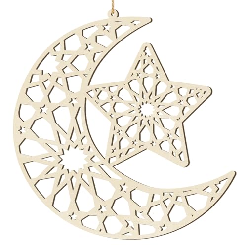 Ramadan Decorations Eid Mubarak Wreath Door Sign Wooden Hanging Signs, Kareem Hollow Ornament Moon and Stars, Moon Shape Ramadan Mubarak Party Wood Wall Hanger for Islamic Muslim Home Decor - color: Star