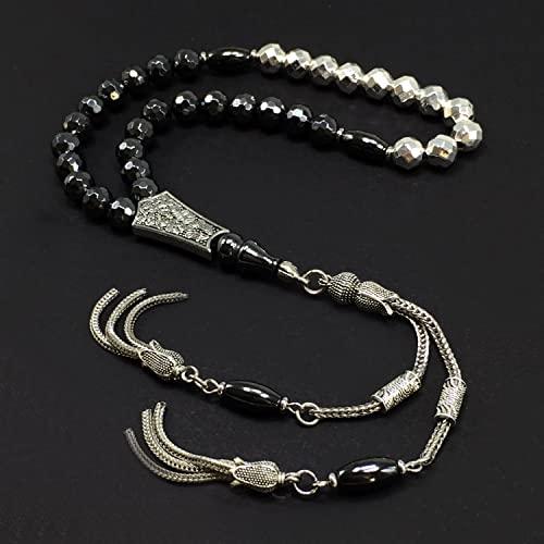 Design-Long & Stylist Tassels Collection Worry Beads-Prayer Beads-Tesbih-Tasbih-Tasbeeh-Misbaha-Subha-Sebha-Sibha-Rosary (Black and Silver Plated Hematite 8 mm 33 Beads & Bracelet) - color: -Faceted Black and Silver Plated Hematite 8 mm 33 Beads & Bracele