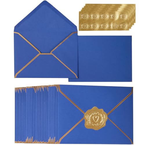100 Pack A6 Envelopes 4x6 Blue Gold Border 6.5x4.75 Inches - color: Blue, size: 4.75 x 6.5 Inches