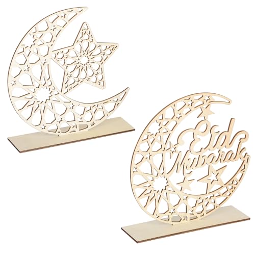 2 Pieces Wood Ramadan Decorations Islamic Eid Mubarak Kareem Table Sign Moon Hollow Star Ornament for Muslim Party Tabletop Decor Home Art Craft Decoration Moon - color: White Star