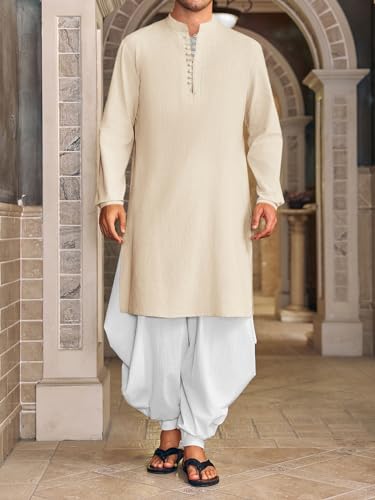 Runcati Mens Kaftan Thobe Button Down Henley Shirts Robe Long Sleeve Casual Cotton Linen Muslim Gown Shirt - color: Beige, size: Large