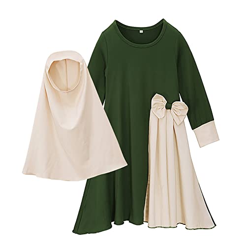 IBTOM CASTLE Abaya for Girl Kids Hijab Scarf Muslim Dress Two-piece Ramadan Prayer Clothes Islamic Arabic Kaftan Khimar Robe - color: Green, size: 9-10 Years