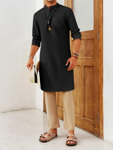 Gafeng Mens Kaftan Robe Button Down Long Sleeve Henley Cotton Thobe Casual Side Split Gown Shirt - color: Black, size: XX-Large