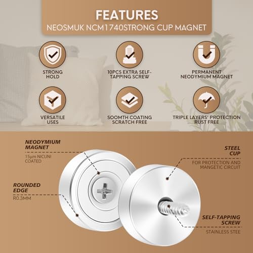 Neosmuk Magnets with Screws,22lbs+ Heavy Duty Rare Earth Neodymium Mounting Magnets with Holes, Countersunk Round Disc Industrial Magnets for Wall Mounting, 4 Pack - color: Silver, size: 22 lb