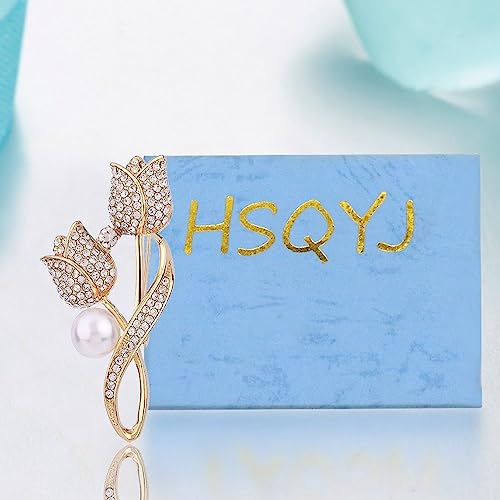 Crystal Pearl Flower Brooches Pins Fashion Beautiful Created Rhinestone Floral Brooch Good Idea for Party Dance Wedding Banquet for Elegant Women Girl - color: Gold Tulip