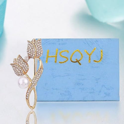 Crystal Pearl Flower Brooches Pins Fashion Beautiful Created Rhinestone Floral Brooch Good Idea for Party Dance Wedding Banquet for Elegant Women Girl - color: Gold Tulip