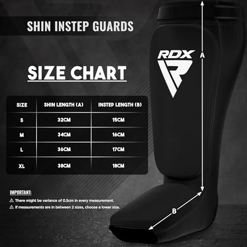 RDX Shin Guards Kickboxing Muay Thai, SATRA Approved, MMA Leg Instep Protection Pads, Sparring Training Martial Arts Boxing, Elasticated Padded Protector, Karate BJJ Taekwondo Gear, Men Women - color: Black, size: Large