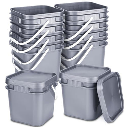 Suzile 10 Pcs 2.2 Gallon Square Bucket with Lid Food Grade Plastic Bucket 10L Utility Industrial Pail with Handle Container for Food Oil Tub Water Fishing Paint House Cleaning Car Washing(Gray)