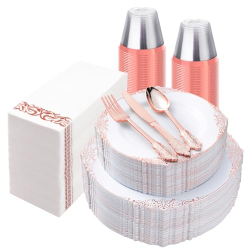 Bestluck 350PCS Rose Gold Disposable Dinnerware for 50 Guests - color: Rose Gold, size: 50 Guests
