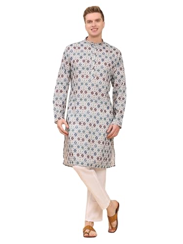 Pro-Ethic Style Developer Mens Indian Traditional Cotton Kurta Sets, Men Printed Kurta Set Indian Wedding Dress (A-124) - color: Blue, size: Large