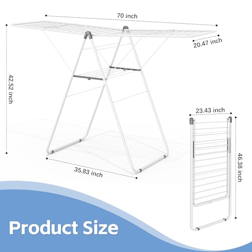 KINGBOARD Clothes Drying Rack Foldable, Metal Drying Rack Clothing with Height-Adjustable, Laundry Rack, Indoor Outdoor Use, No Assembly, 20.47"x 70"x 42.52", White - color: White