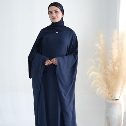 Women Muslim Abaya Dress 1Piece Bat Sleeve Islamic Maxi Robe Fashion Jilbab for Women Eid Kaftan Muslim Robe - color: Navya, size: Large