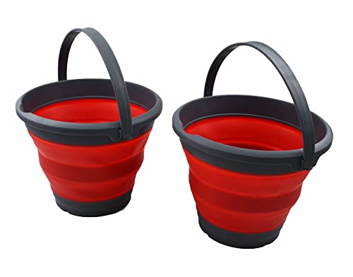 SAMMART 5.5L (1.4 Gallon) Collapsible Plastic Bucket - Foldable Round Tub - Portable Fishing Water Pail - Space Saving Outdoor Waterpot (Grey/Crimson (Set of 2)) - color: Grey/Crimson (Set of 2)
