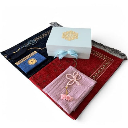 SAIKA 7 Pieces Prayer Rug Set, Prayer Rug Set for Couples & Families, Prayer Beads, Scarf, Muslim Hat, Prayer mats & Short Surahs Book, Islamic Gift, Janmaz, Salah mat, Rmadan Gift (Blue Box Set) - color: Blue Box Set