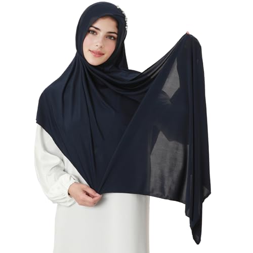 khalat Instant Hijab 여성용 무슬림 샤이니 라인스톤 데일리 스카프 부드럽고 신축성 있는 단색 이슬람 기도 히잡 - color: 네이비