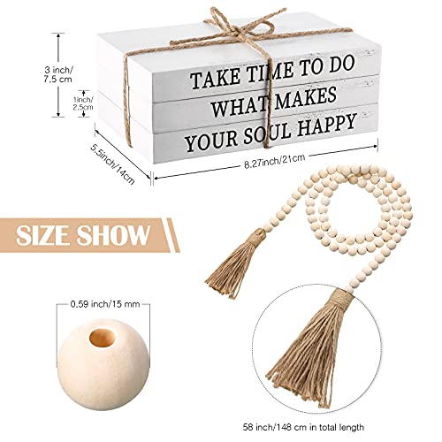 Jetec Decorative Display Books Hardcover, Faux Farmhouse Stacked for Coffee Tables Shelves with Wood Bead Tassels 58 Inch, 3 Pieces, White(Take Time to do, What Makes, Your Soul Happy) - style: Take Time to do, What Makes, Your Soul Happy